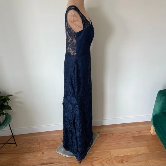 Custom Blue Floral Lace Full Length Illusion Strap V-Back Evening Gown EUC Sz 4 - Picture 4 of 8